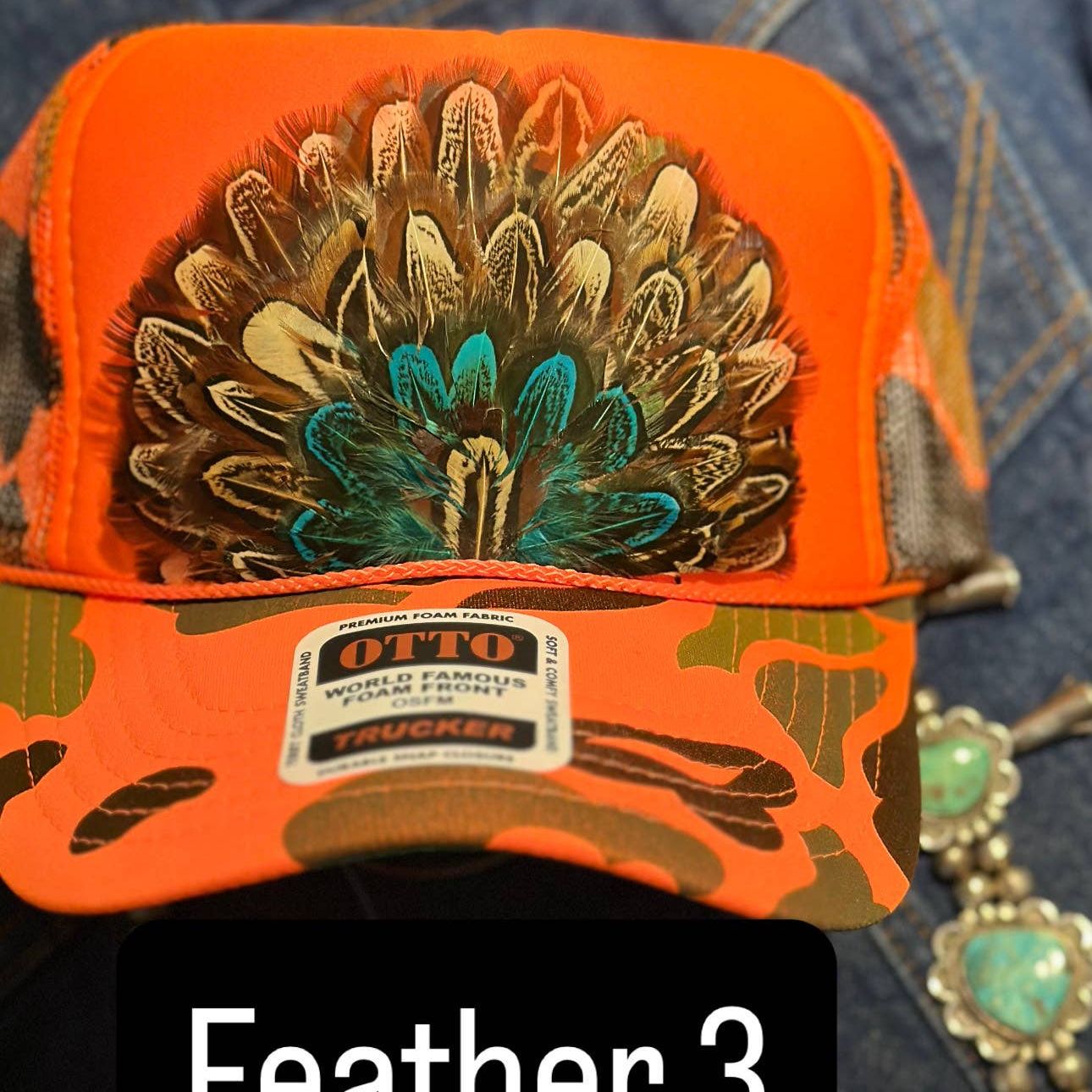 ORANGE CAMO CAMOUFLAGE FEATHER TRUCKER HAT