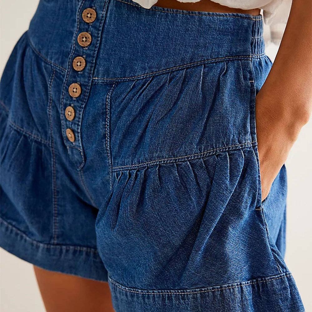 Ladies Solid Color Cotton Denim Shorts
