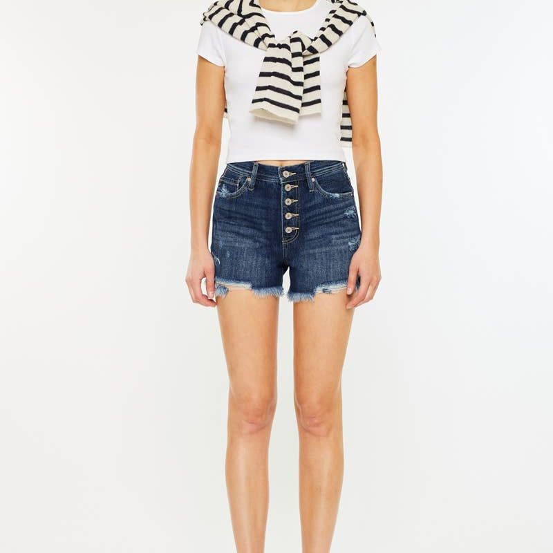 HIGH RISE DISTRESSED MOM SHORTS DARK WASH