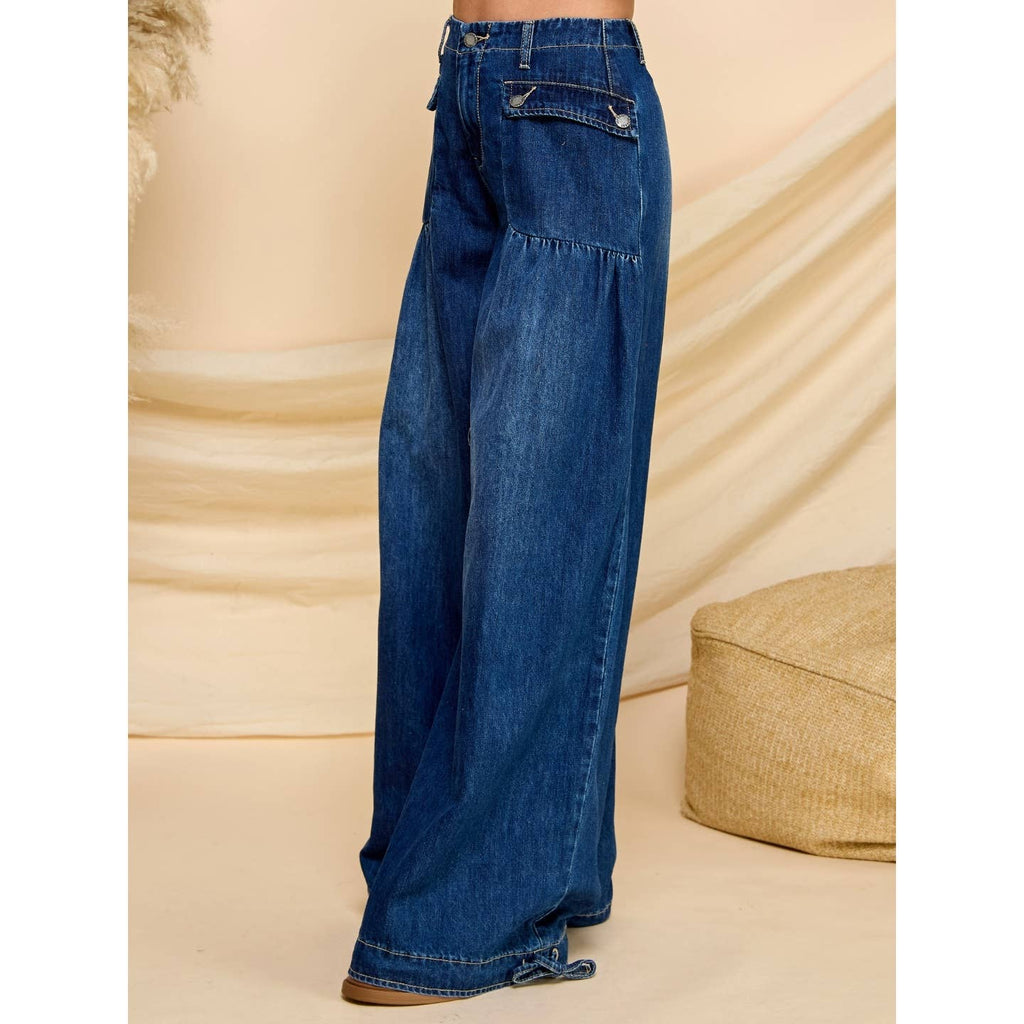 Ankle Drawstring Wide Denim Pants