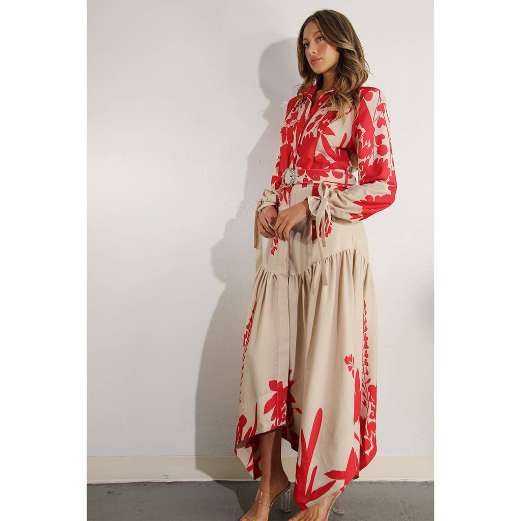 Print Uneven Belted Long Dress