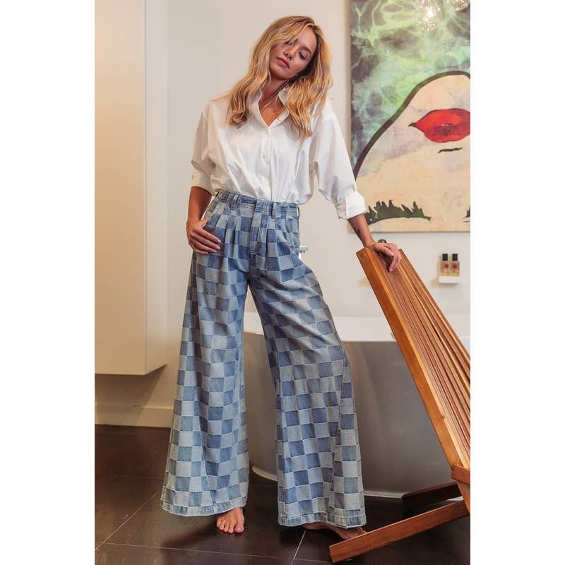 WASHED TWO TONE CHECKER WIDE PANTS