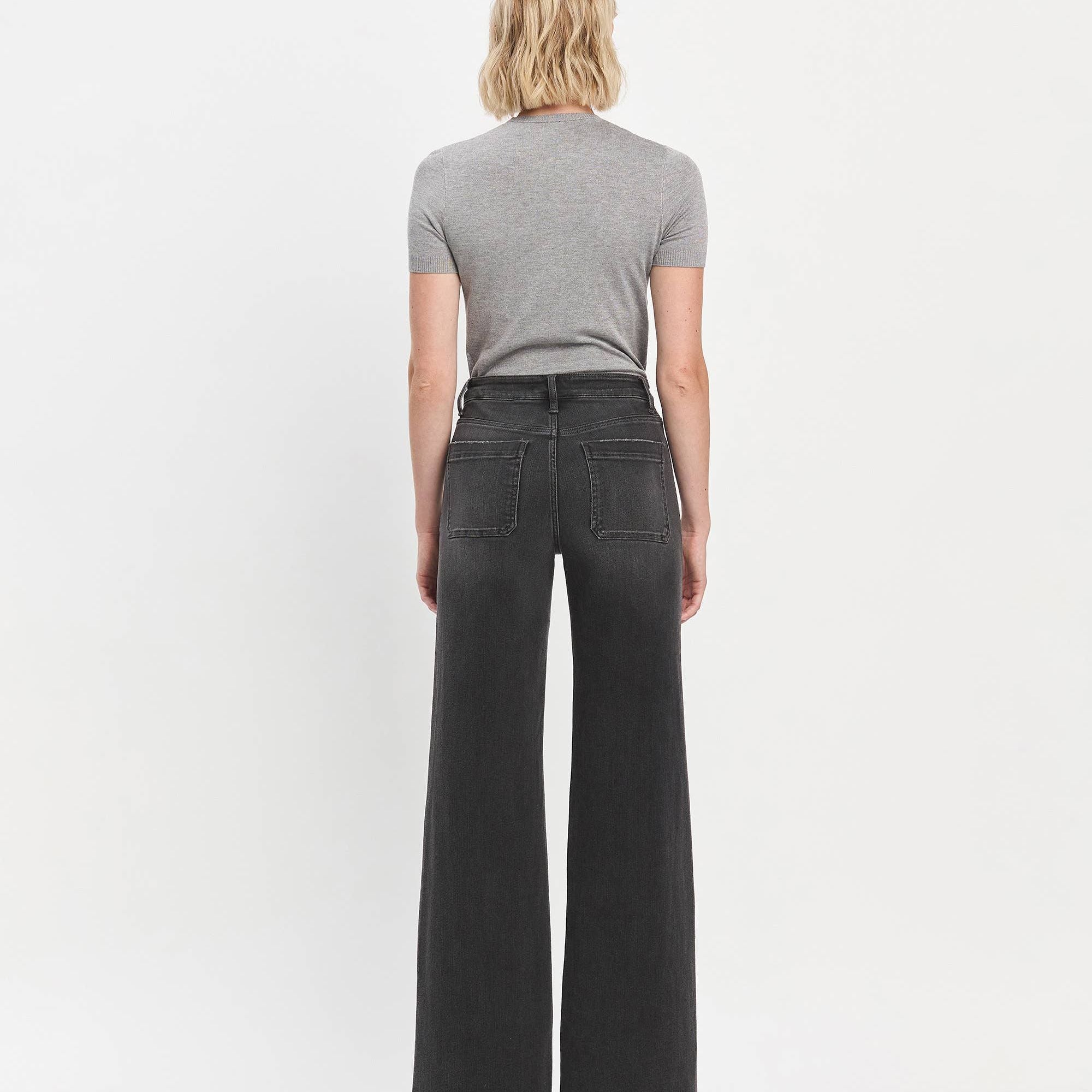 HIGH RISE PATCH POCKET BLACK WIDE TROUSER JEANS T6569