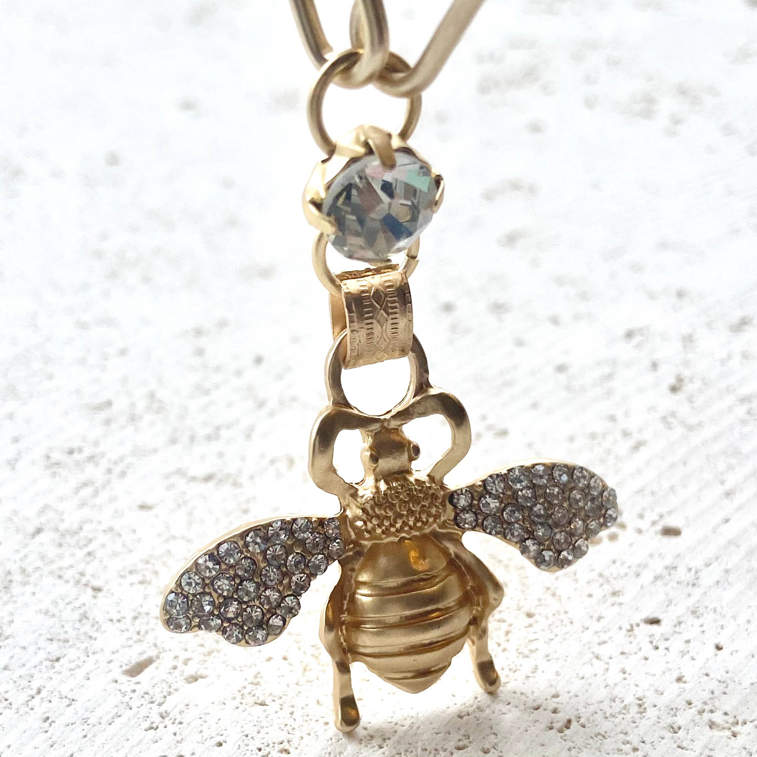 Bee Crystal Necklace Matte Gold Boutique Salon Jewelry