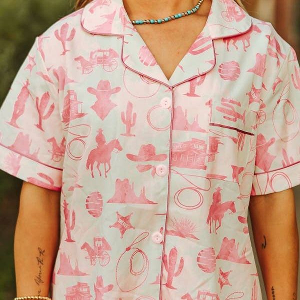 Cream Pink Western Printed Button Down Shorts Set