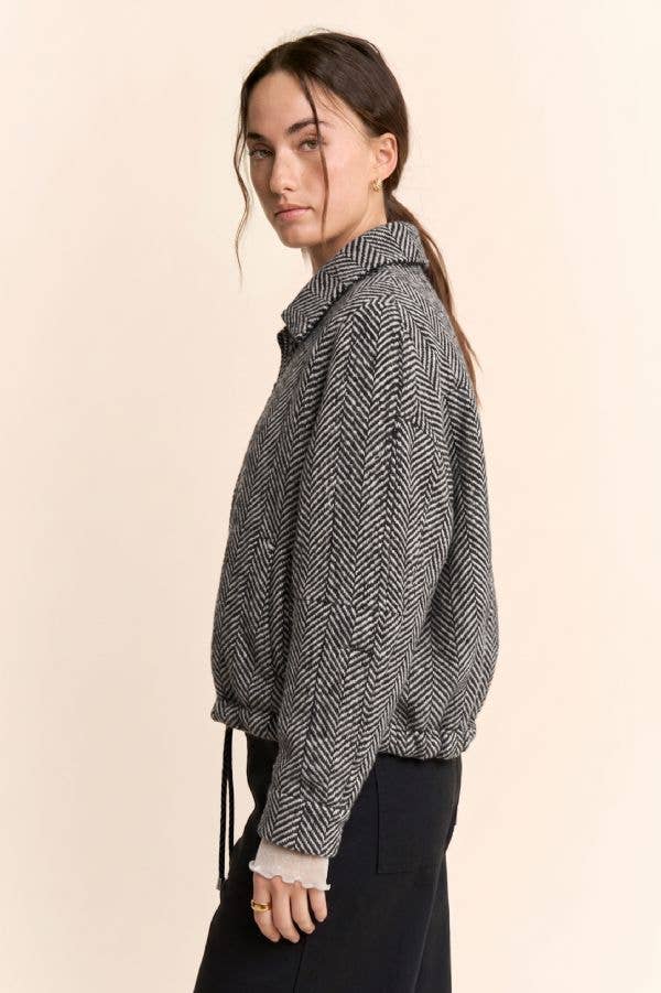 Herringbone Tweed Zip Front Bomber Jacket