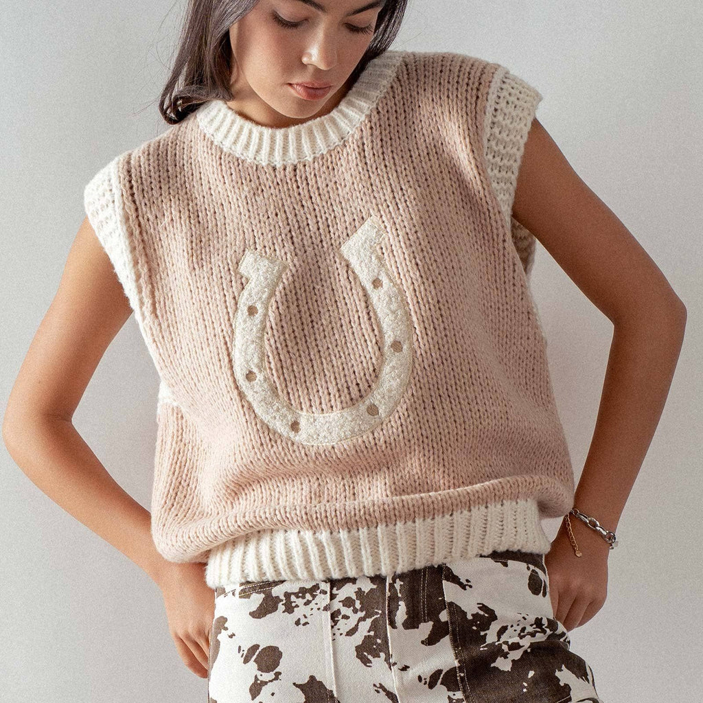 Western Horseshoe Crochet Knit Ribbed Trim Sweater Vest