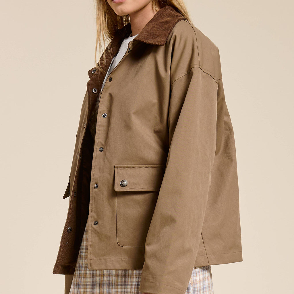 Barn Jacket with Corduroy Collar and Snap Pockets