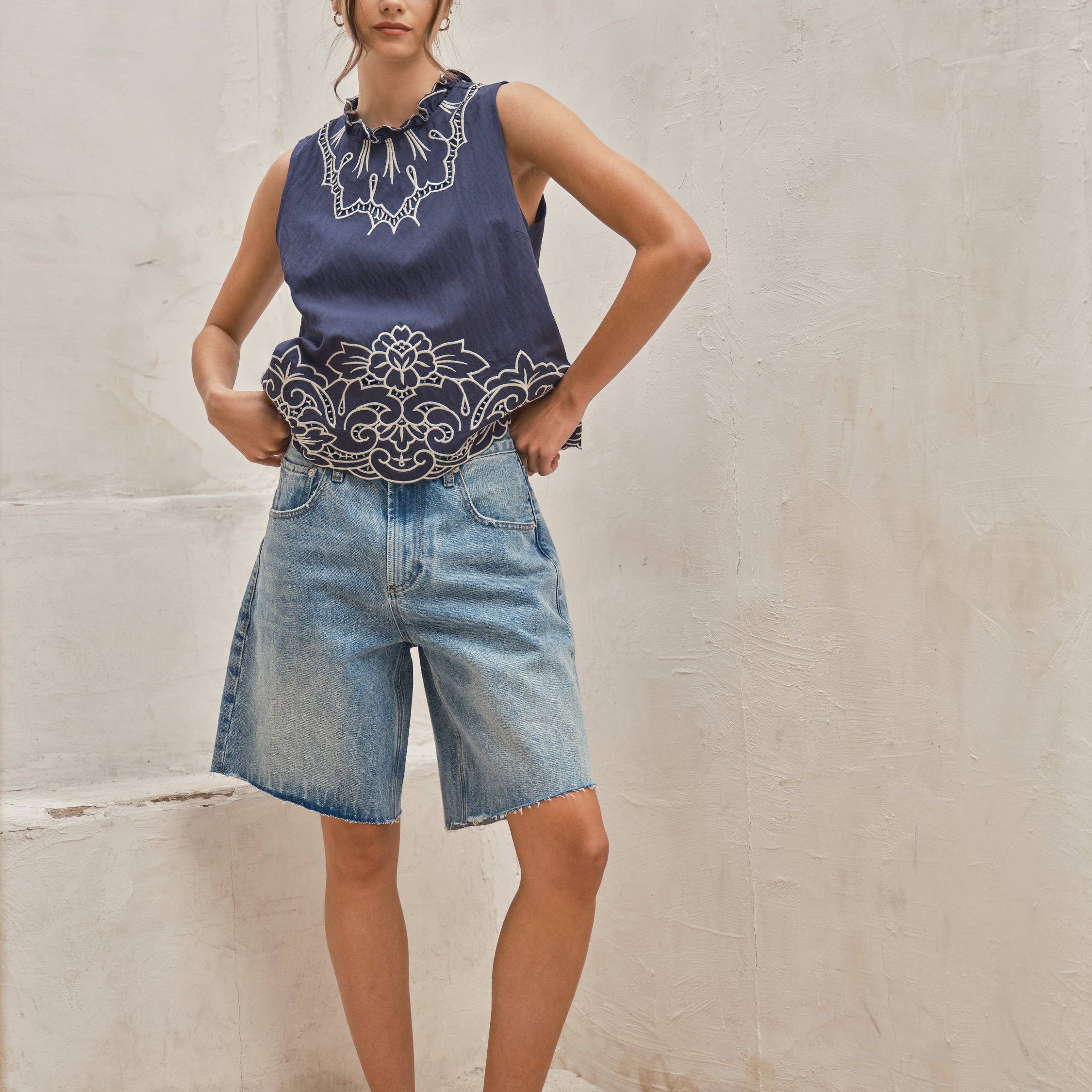 AJP6062 WIDE LEG RETRO BERMUDA DENIM SHORTS