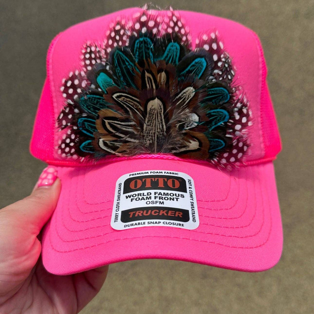 HOT PINK FEATHER TRUCKER HAT