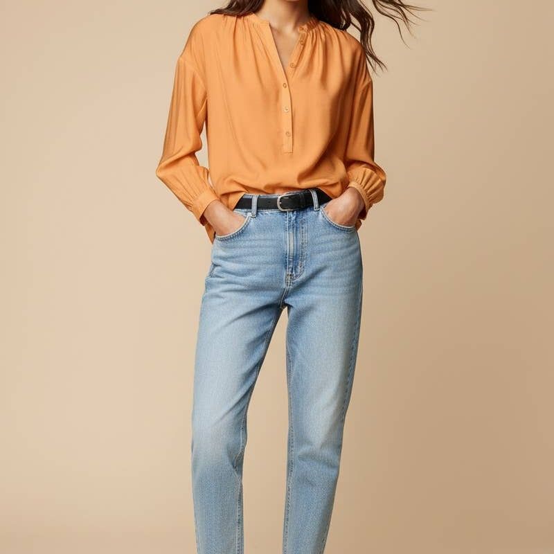 Button-down Blouse With Gathered Neckline