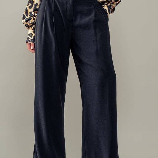 Sophisticated High Rise Front Pleated Wide Leg Trousers