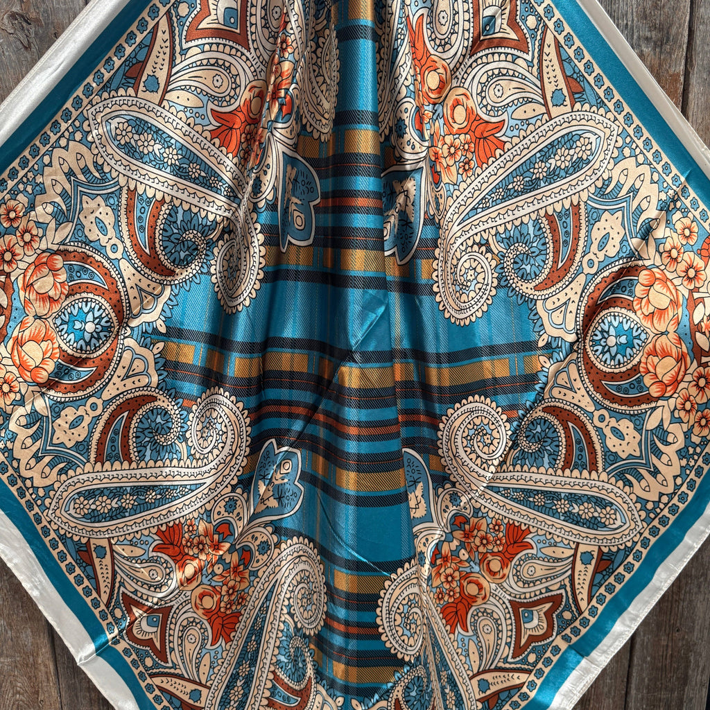 35X35"  Teal and Cream Paisley Wild Rag / Scarf WR910
