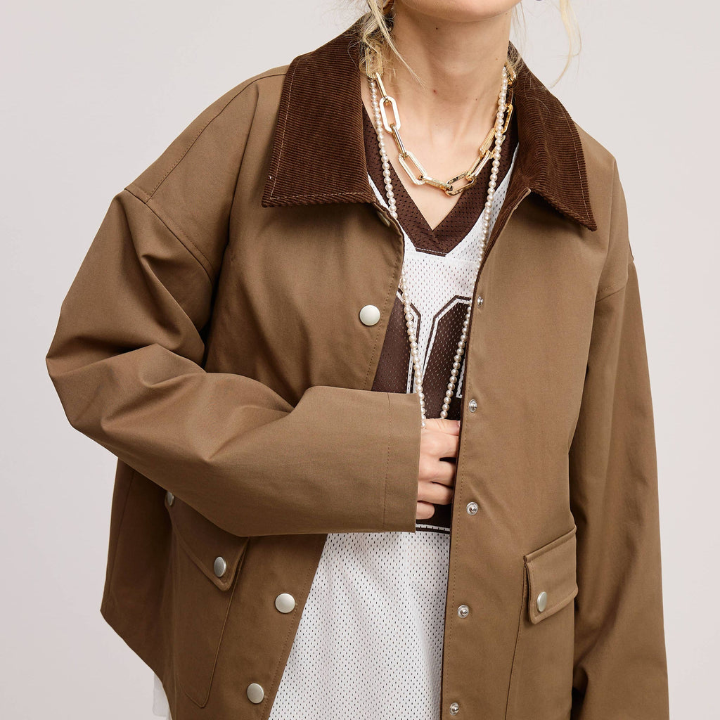 Barn Jacket with Corduroy Collar and Snap Pockets