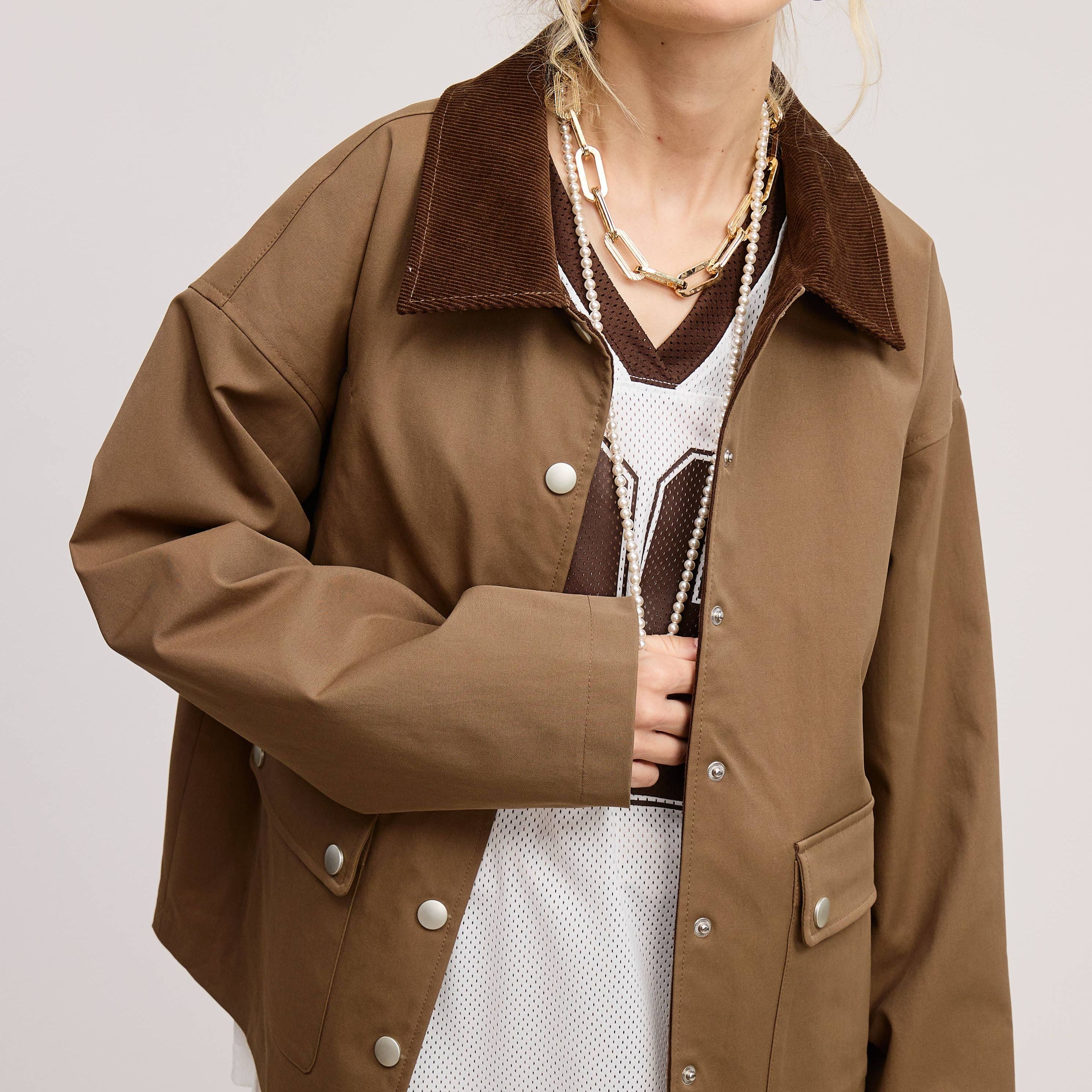 Barn Jacket with Corduroy Collar and Snap Pockets