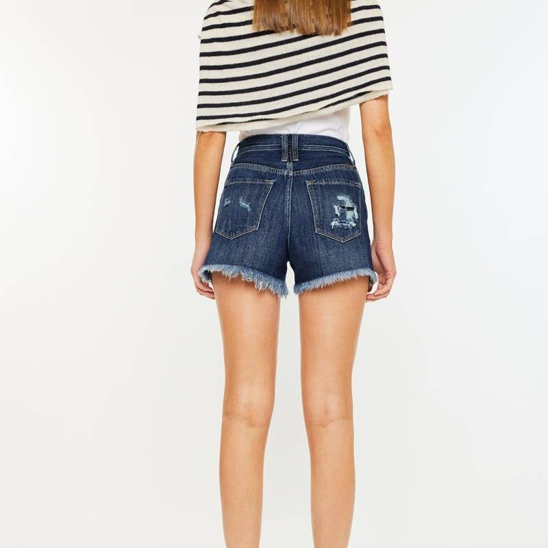 HIGH RISE DISTRESSED MOM SHORTS DARK WASH