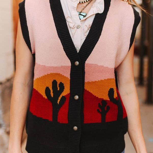Western Cowboy Sunset Button Down Knit Sleevelss Sweater