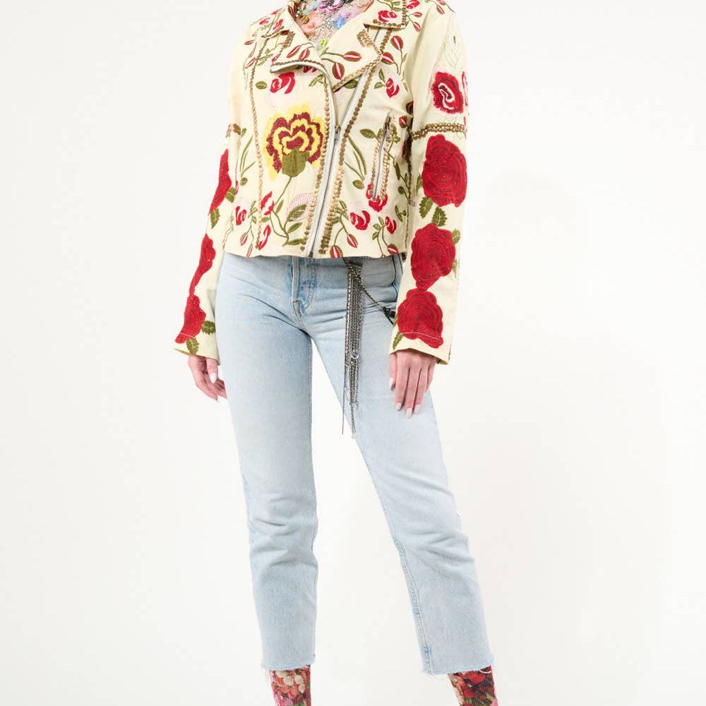 Carmen Embroidered Denim Motorcycle Jacket