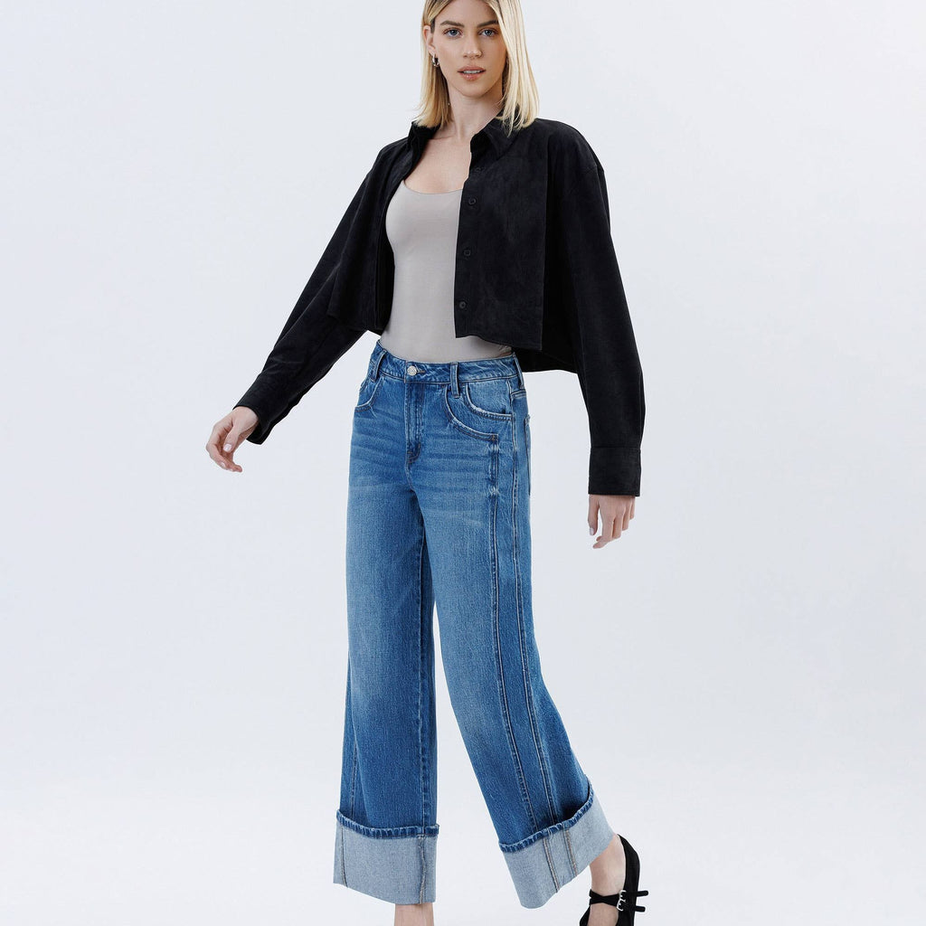 SUPER HIGH RISE CUFFED BAGGY WIDE JEANS