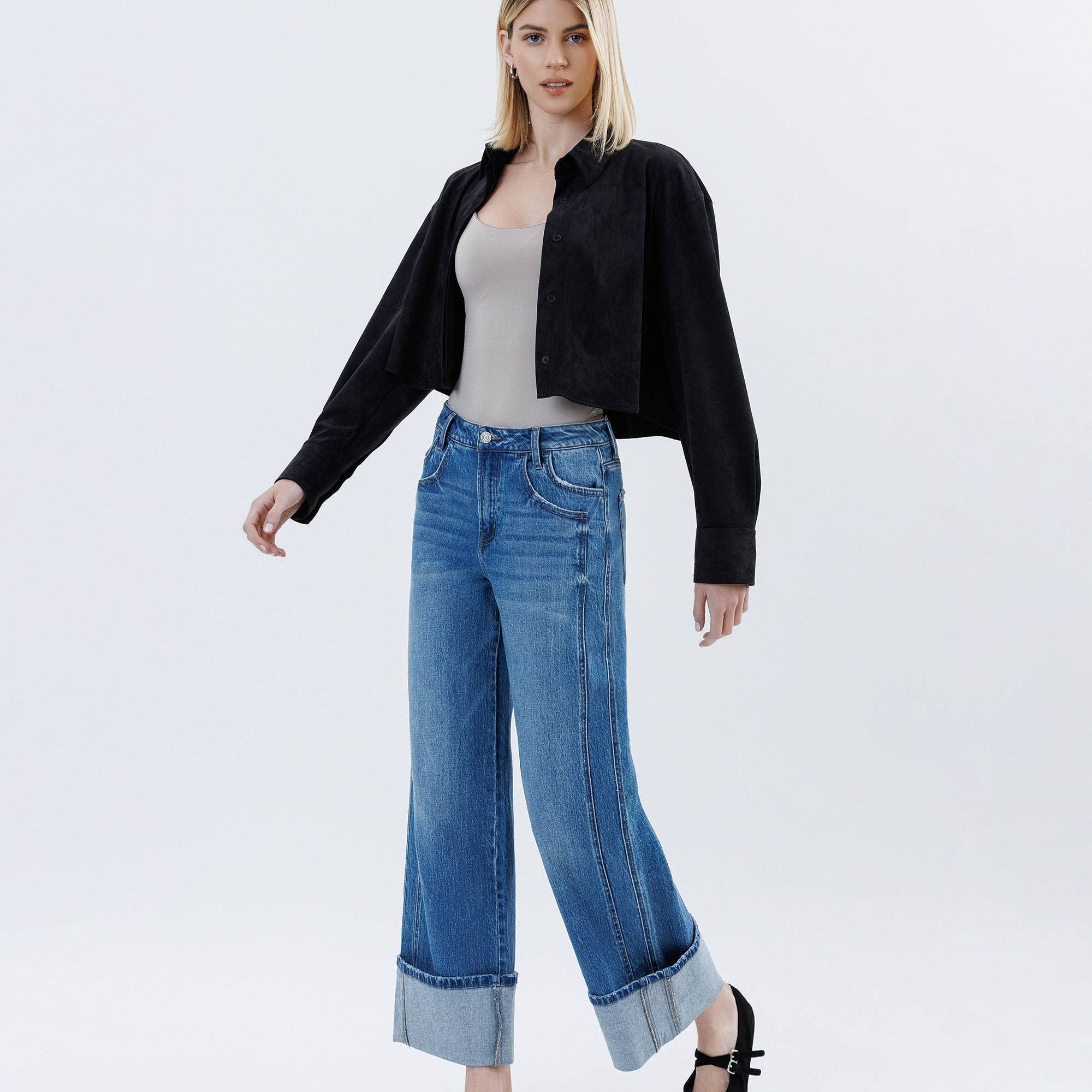 SUPER HIGH RISE CUFFED BAGGY WIDE JEANS