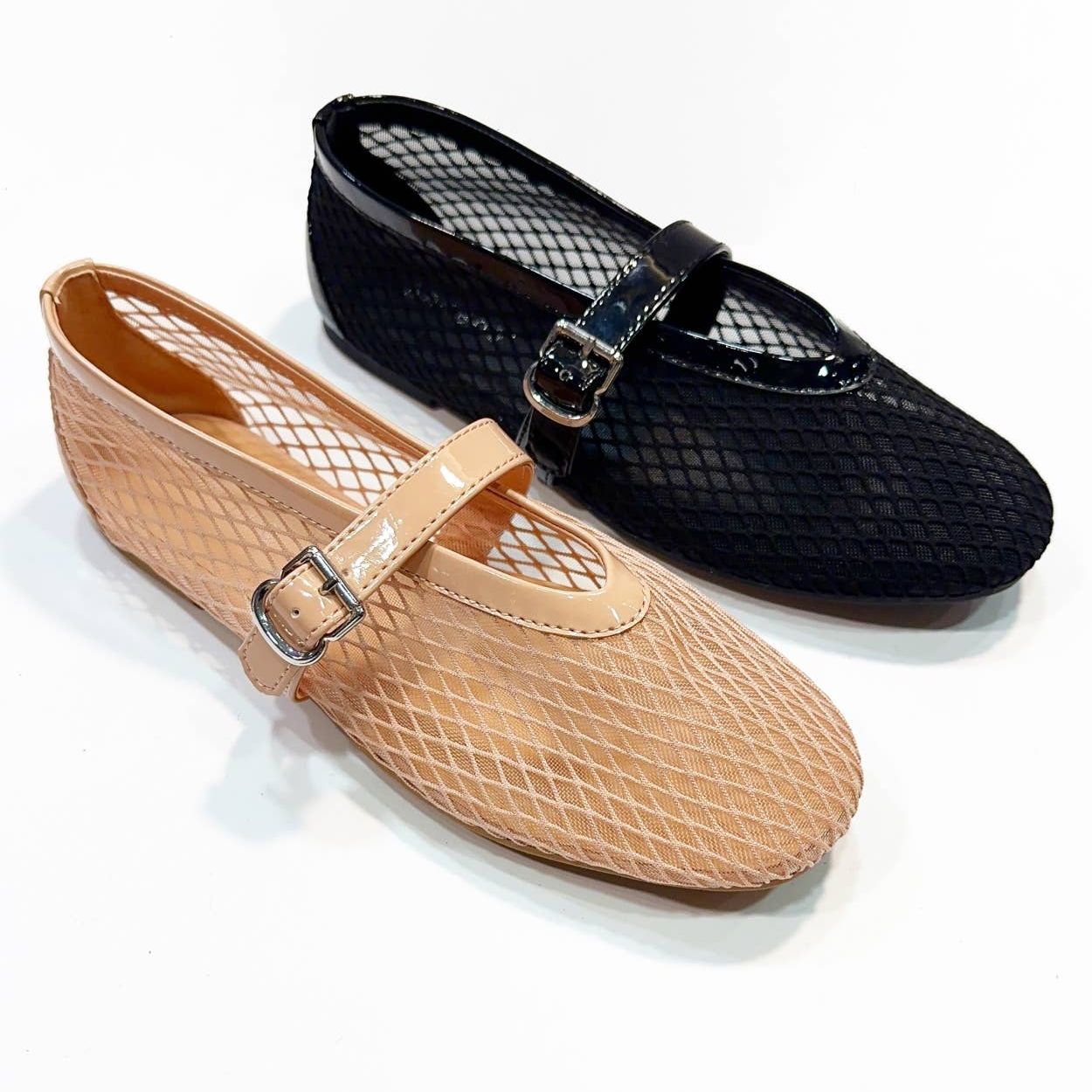 FISHNET MESH UPPER ROUND TOE BALLET FLAT