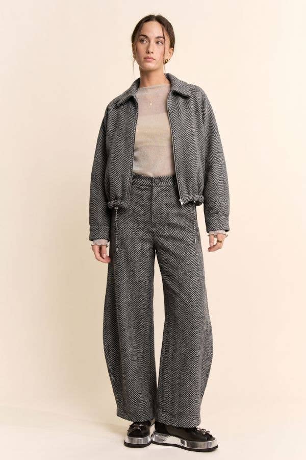 Herringbone High Waist Barrel Leg Pants