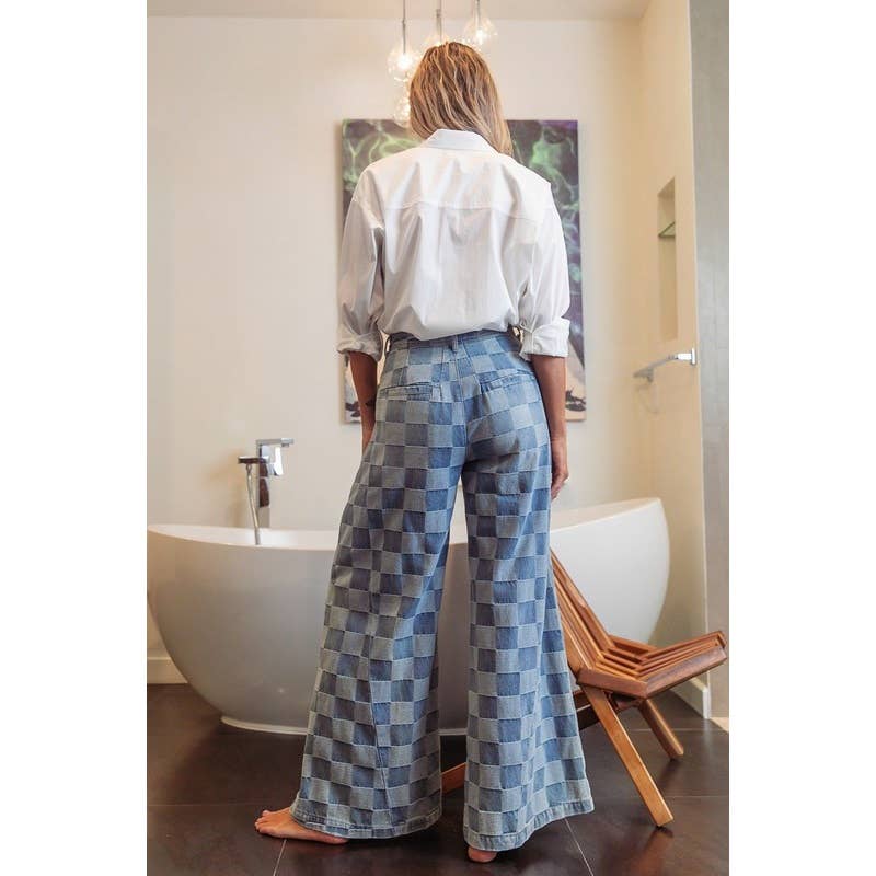 WASHED TWO TONE CHECKER WIDE PANTS