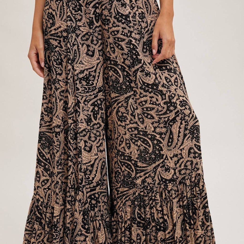 PAISLEY PRINT WIDE RUFFLED PANTS