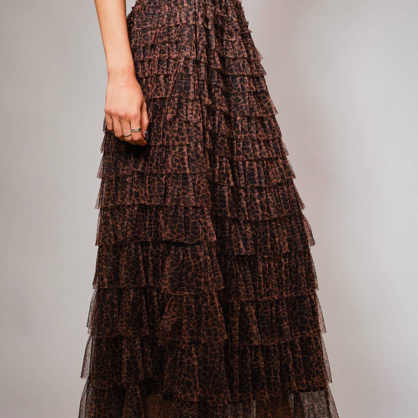 High Waist Elastic Tiered Ruffle A-Line Maxi Skirt