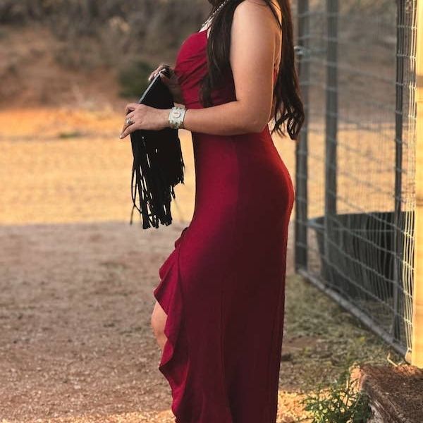 Burgundy Strap Ruffle Front Slit Dress