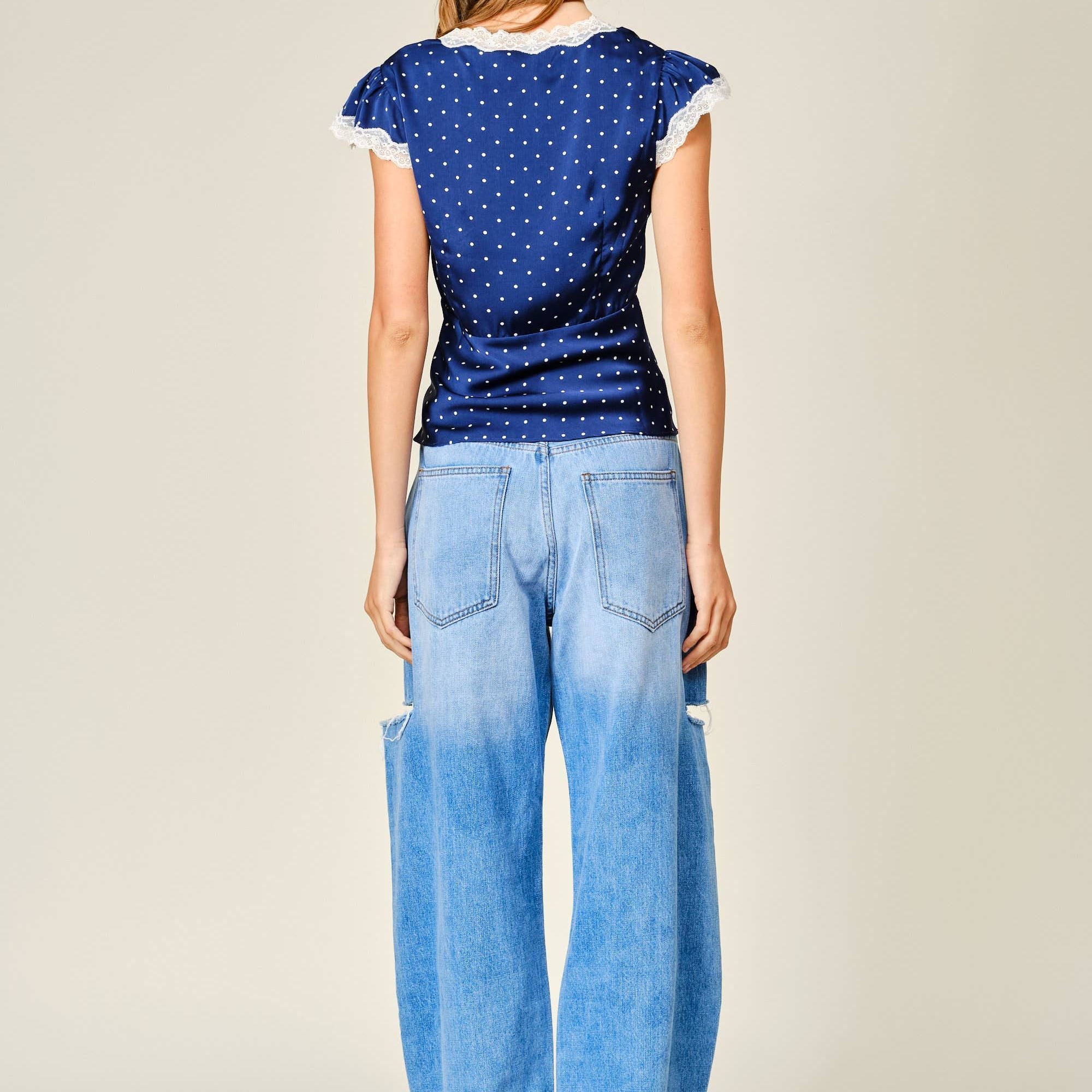 POLKA DOT SATIN LACE V NECK TOP