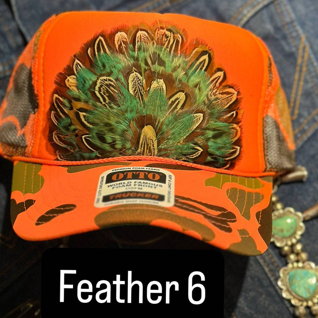 ORANGE CAMO CAMOUFLAGE FEATHER TRUCKER HAT