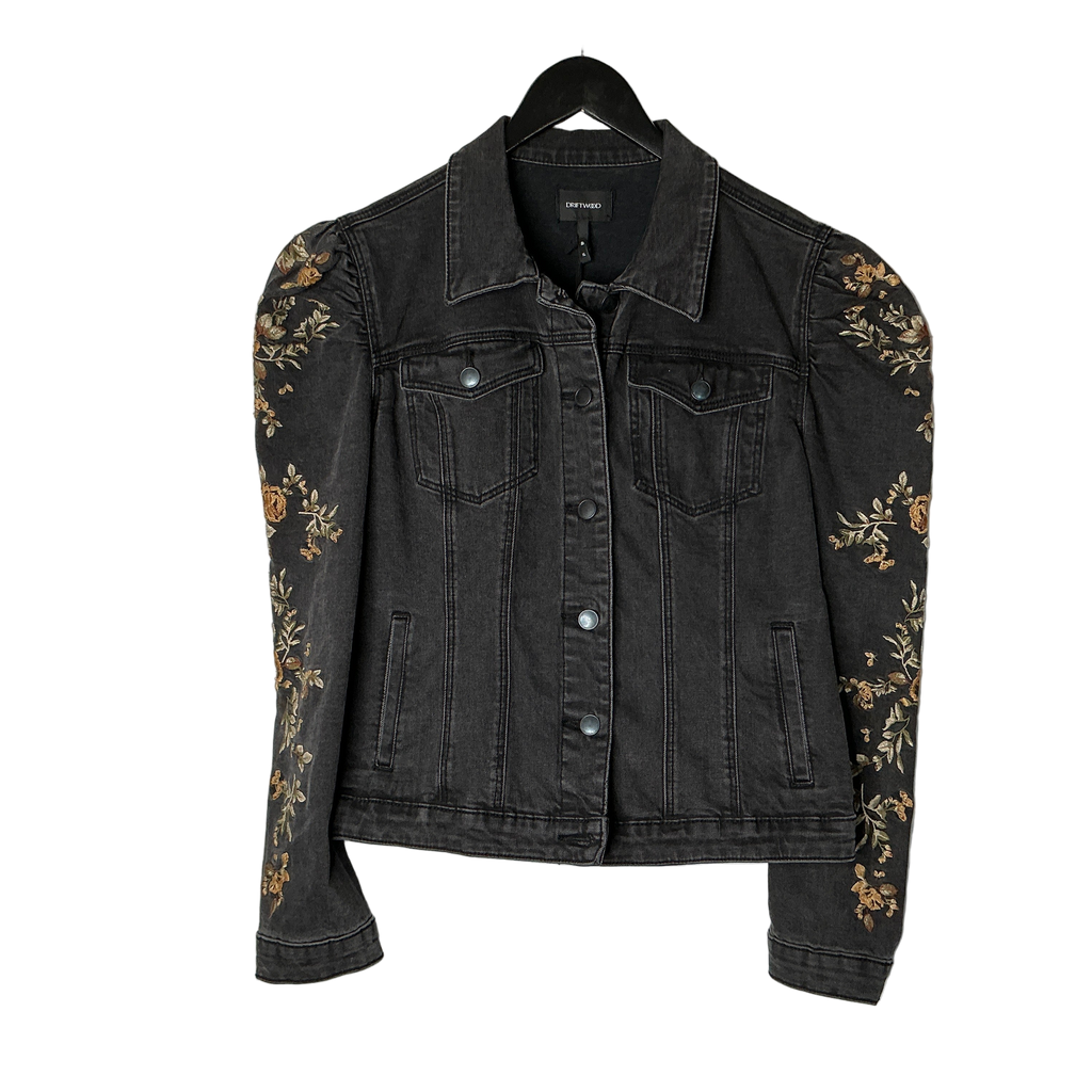 Black Trucker Jacket Floral Print on Sleeve