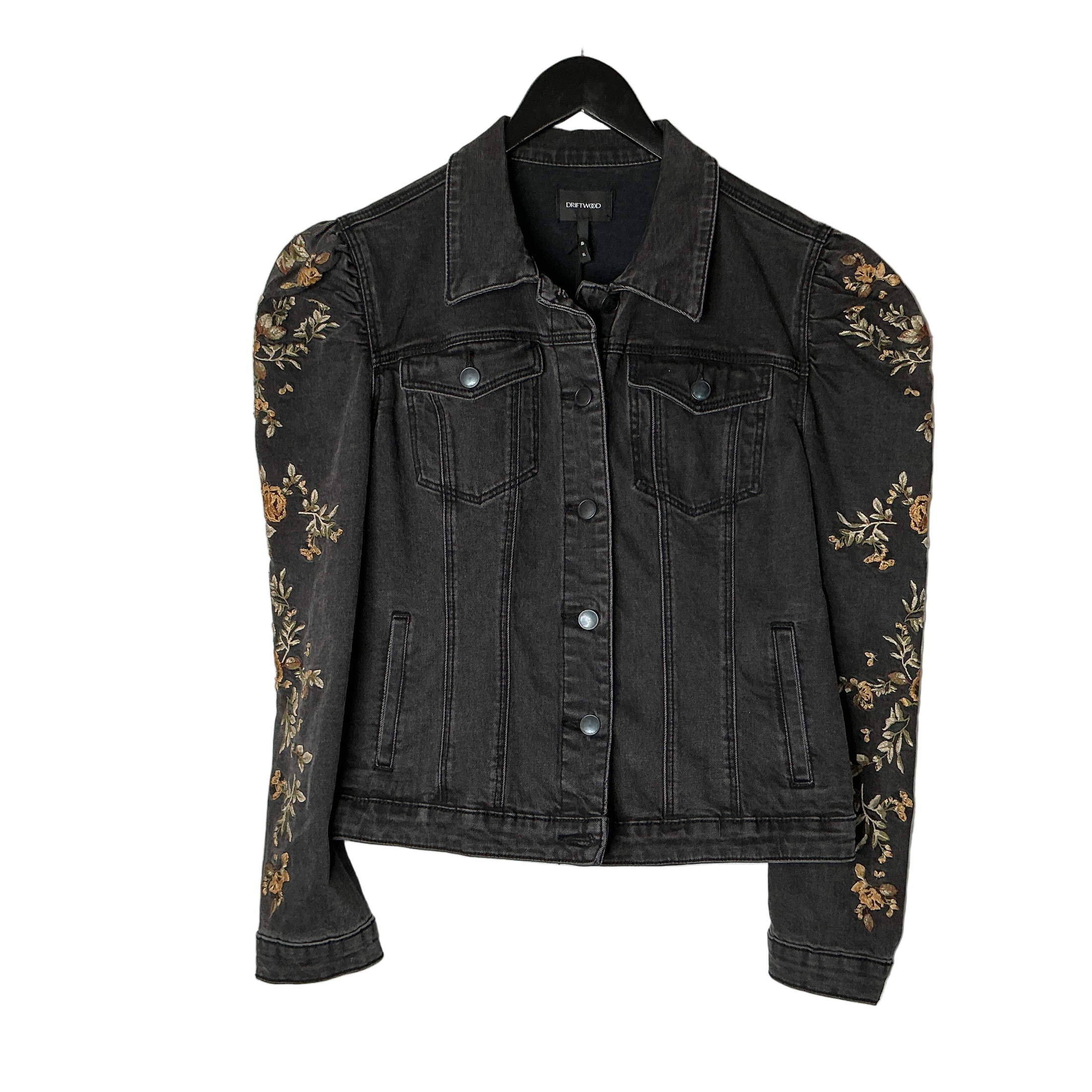 Black Trucker Jacket Floral Print on Sleeve