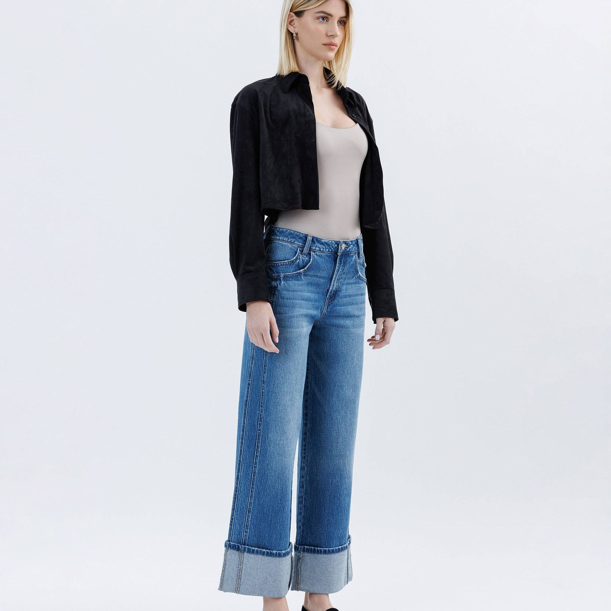 SUPER HIGH RISE CUFFED BAGGY WIDE JEANS