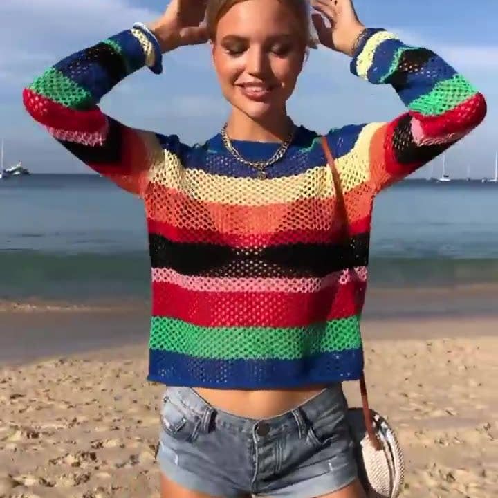Sweetkama Ladies Color Block Long Sleeves Round Neck Top