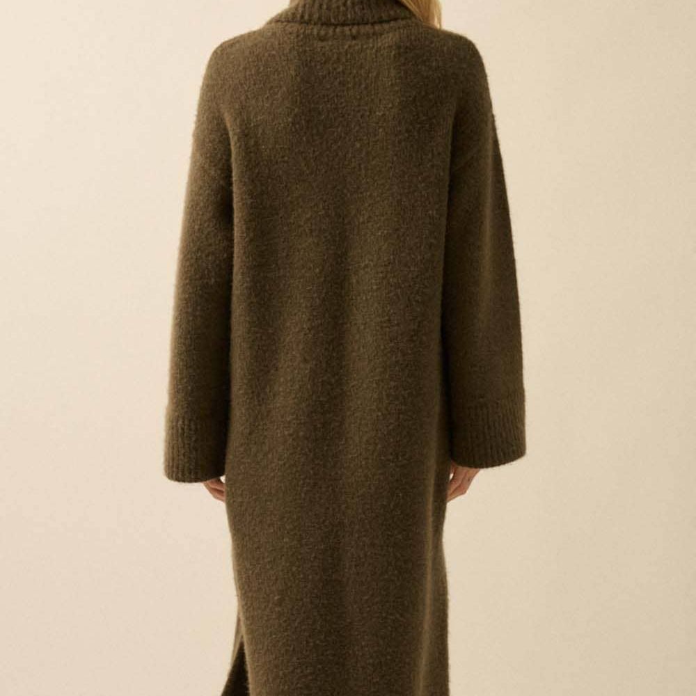 Solid Felted Knit Cowl-Neck Midi Sweater Dress