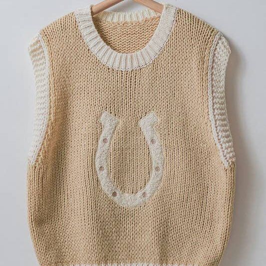 Western Horseshoe Crochet Knit Ribbed Trim Sweater Vest