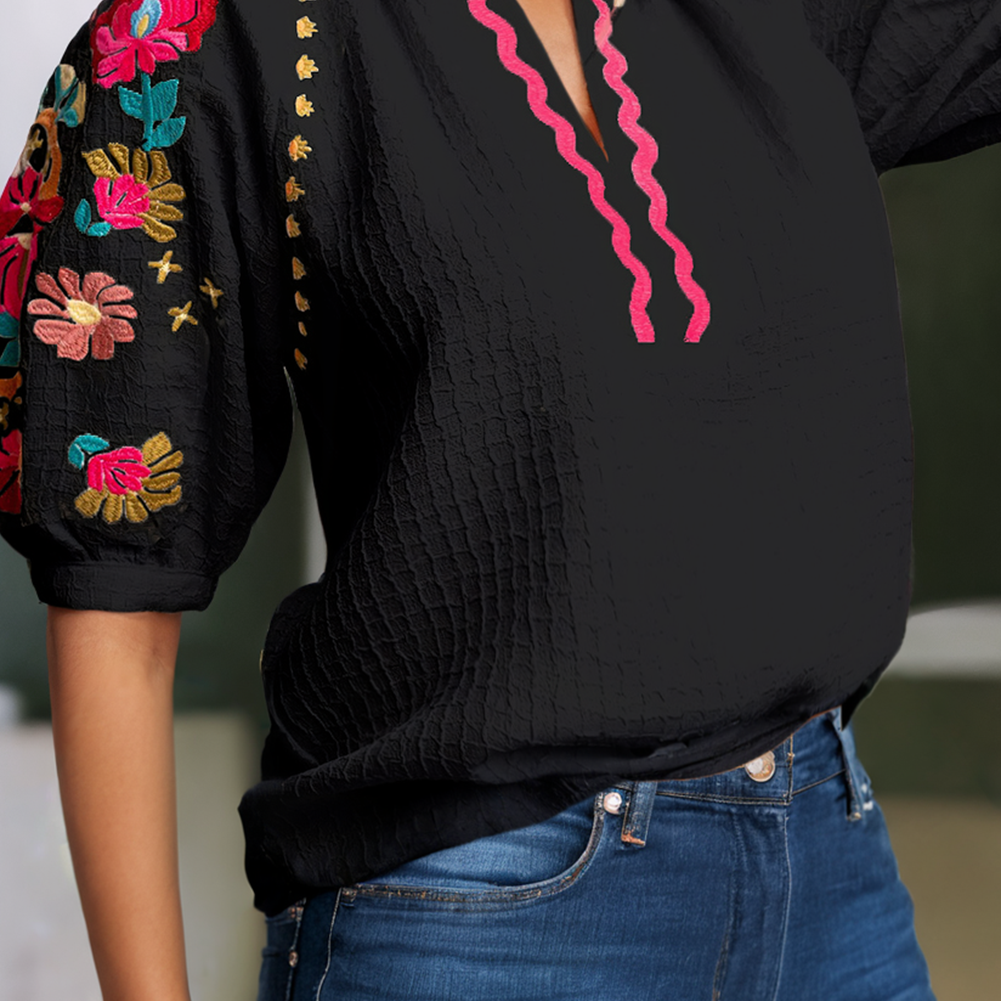 LDC Embroidered Ricrac Puff Sleeve Texture Blouse