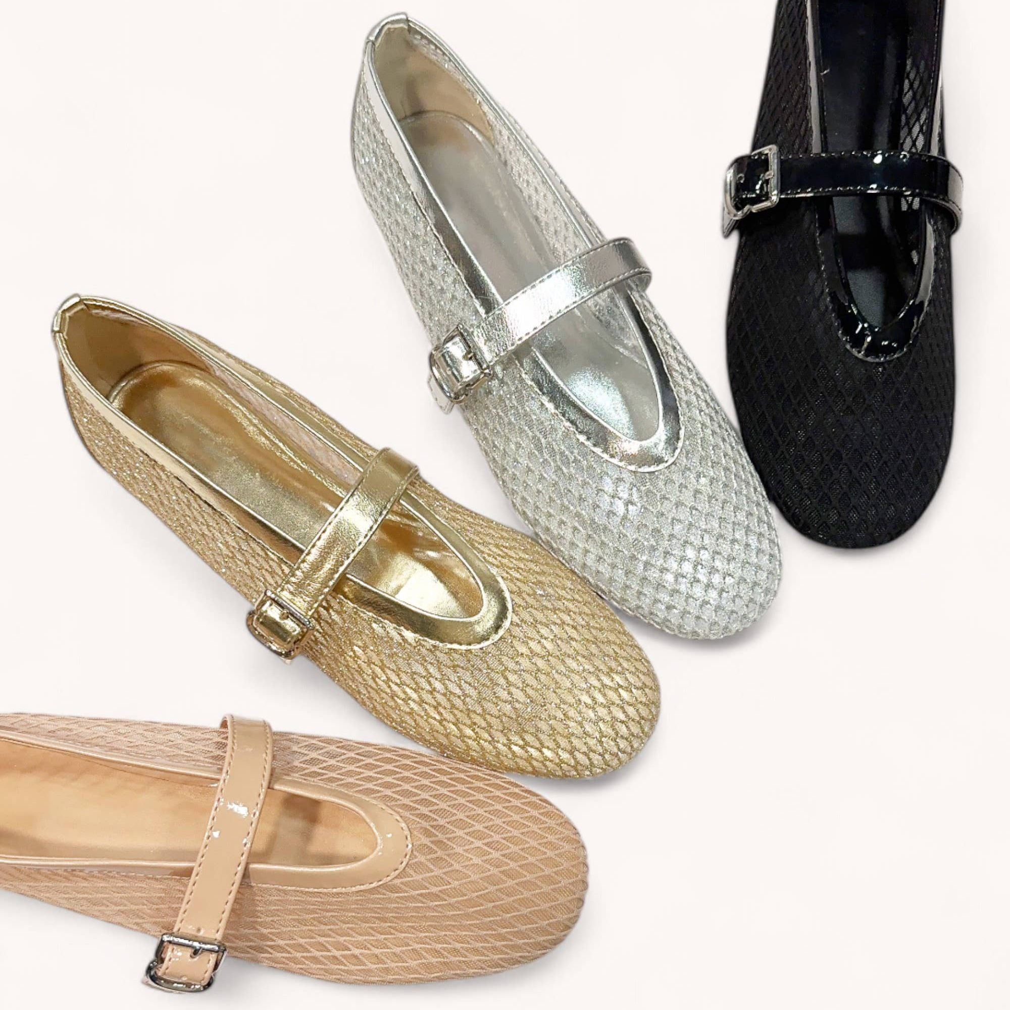 FISHNET MESH UPPER ROUND TOE BALLET FLAT
