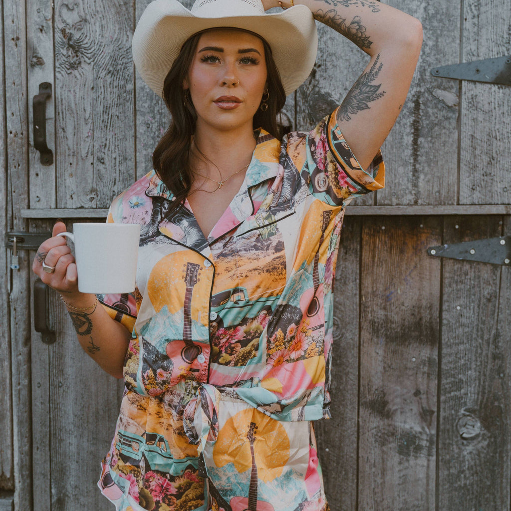 Baha Ranch Retro Pop Western Satin Pajama Set