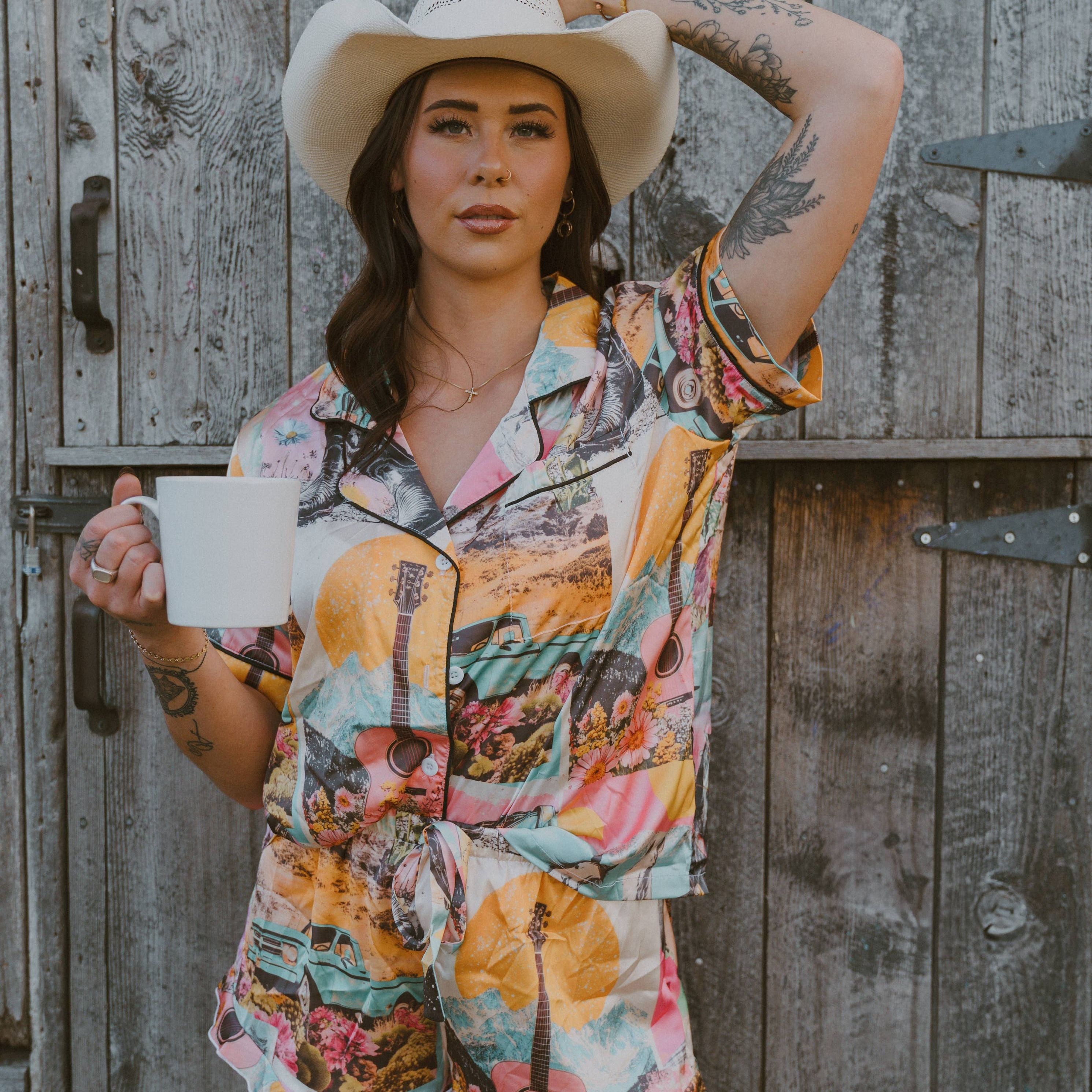 Baha Ranch Retro Pop Western Satin Pajama Set