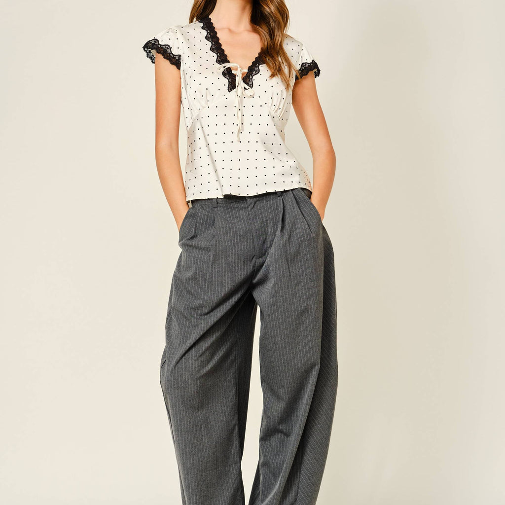 POLKA DOT SATIN LACE V NECK TOP