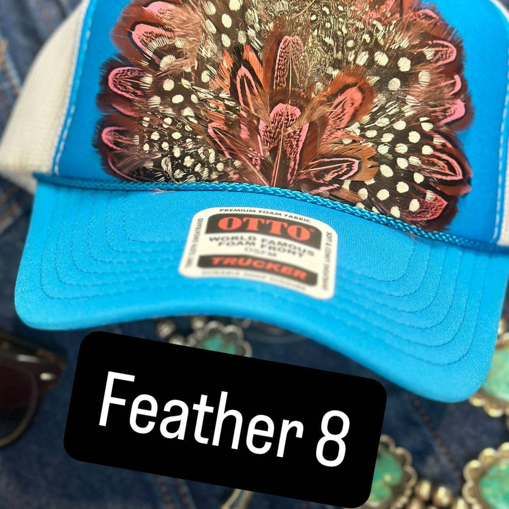 BLUE AND WHITE FEATHER TRUCKER HAT