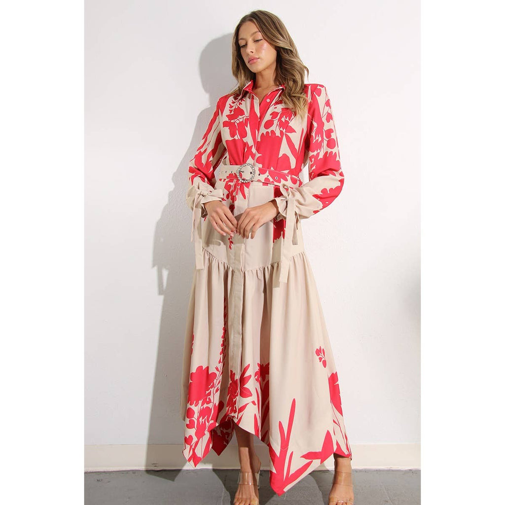 Print Uneven Belted Long Dress