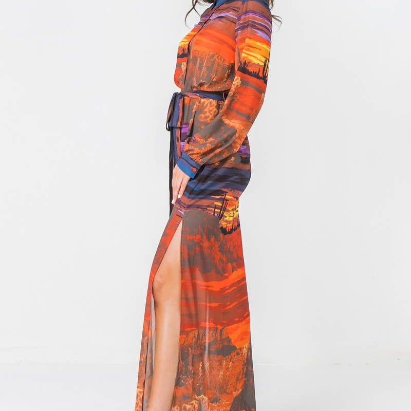 A printed woven shirt dress