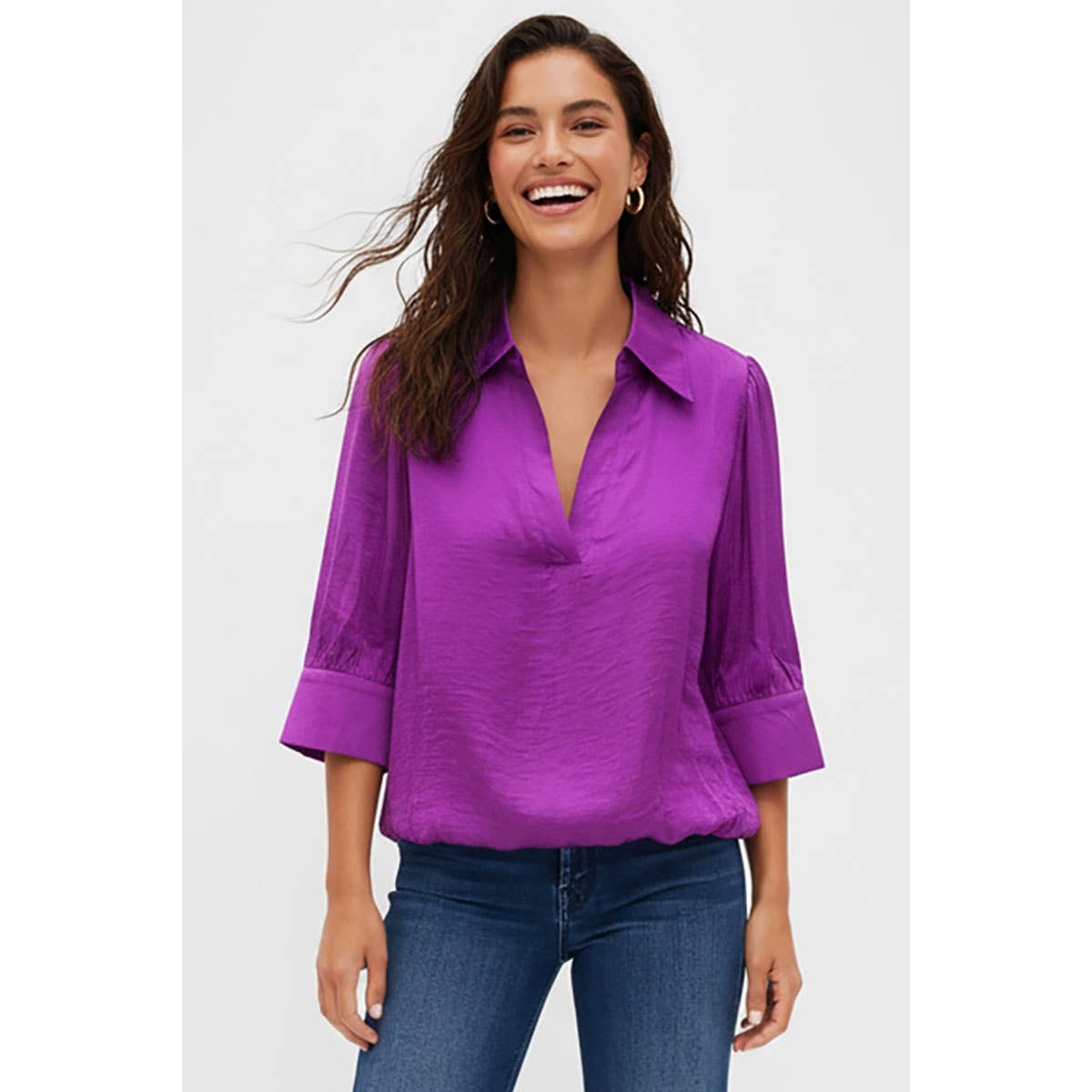 Naked Zebra high-low bubble-hem blouse on model
