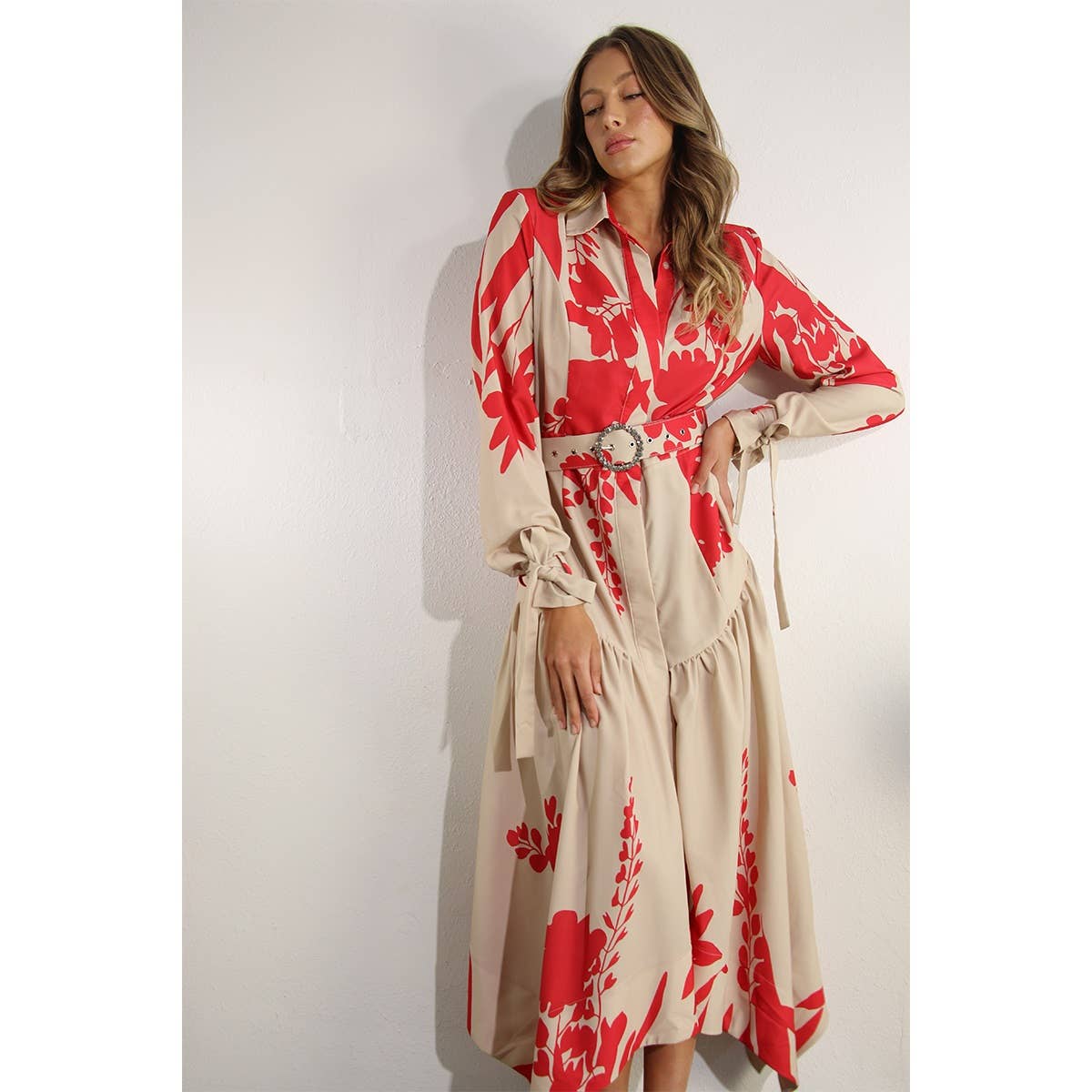 Print Uneven Belted Long Dress