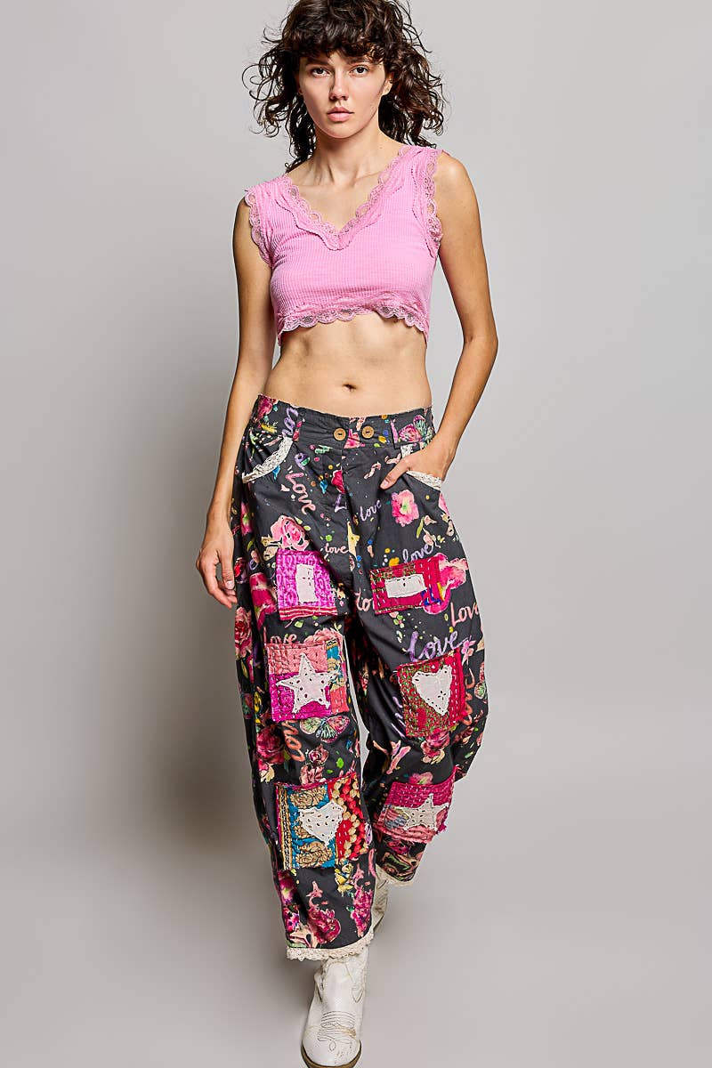 Heart Star Patch Elastic Waistband Lace Trim Straight Pants