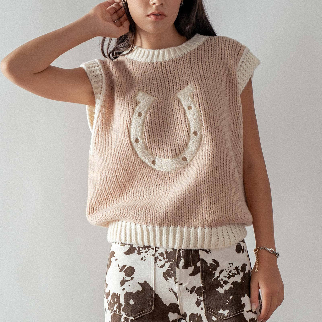 Western Horseshoe Crochet Knit Ribbed Trim Sweater Vest
